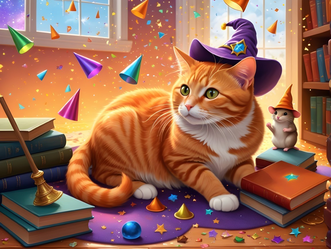 Whimsical Cat in Wizard Hat Surrounded by Party Decor