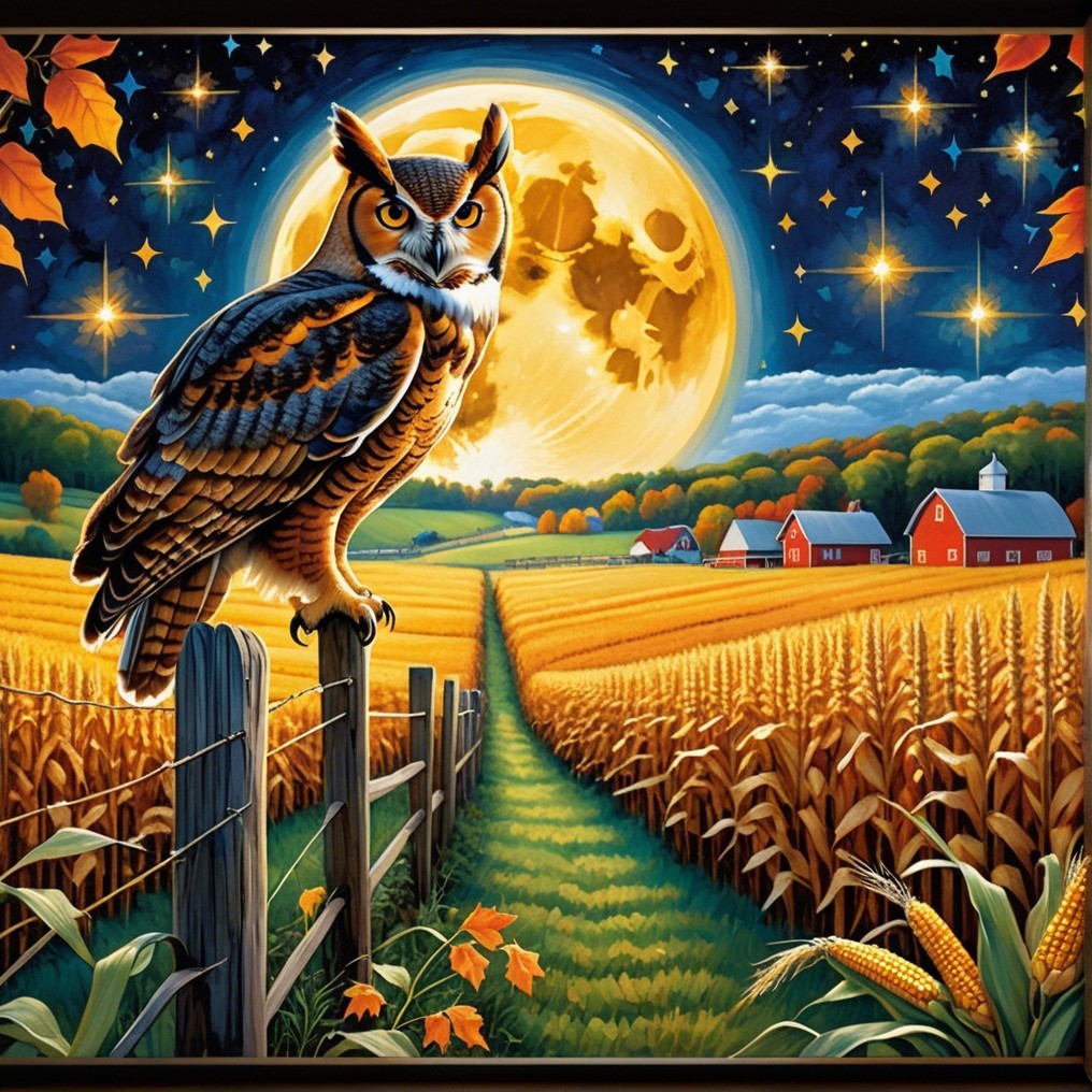 Owl on Fence Overlooking Cornfield at Night