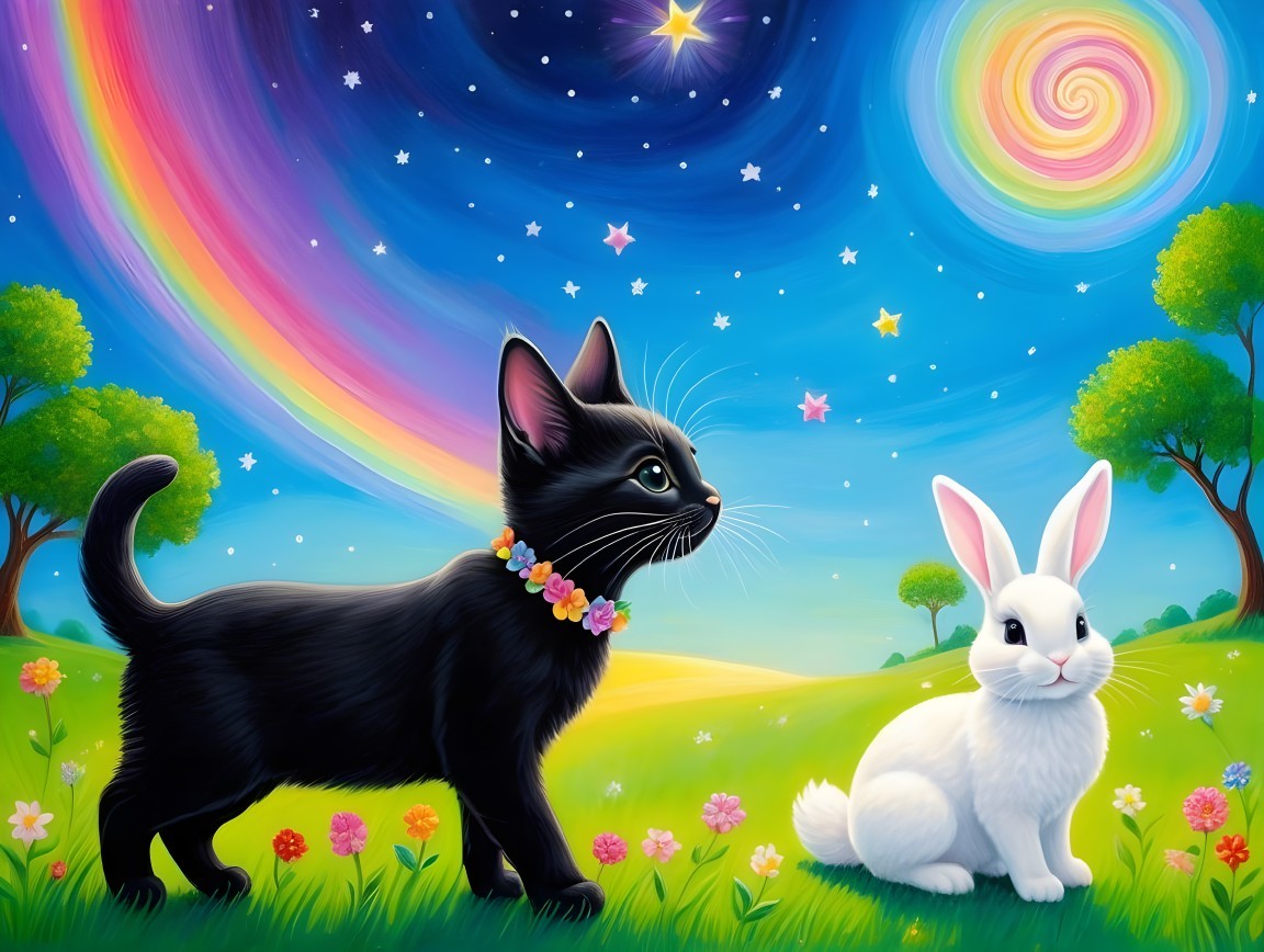 Whimsical Landscape with Cat and Rabbit in Colorful Sky