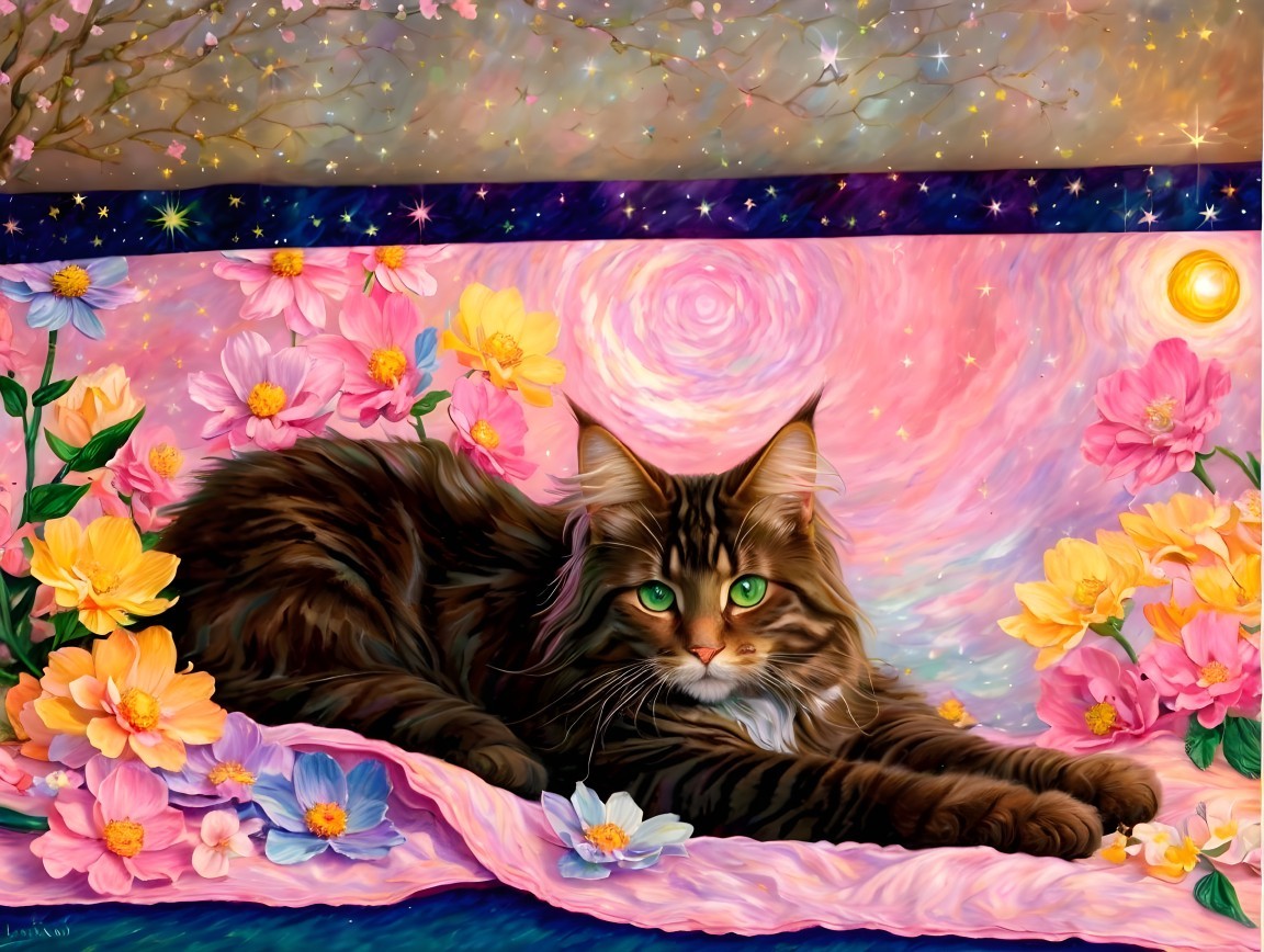 Maine Coon Cat in a Dreamlike Floral Landscape