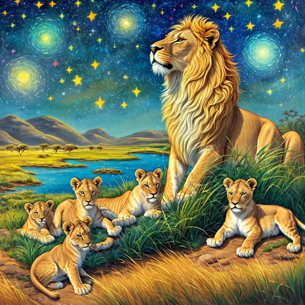Lion and Cubs in a Vibrant Nighttime Savannah Scene