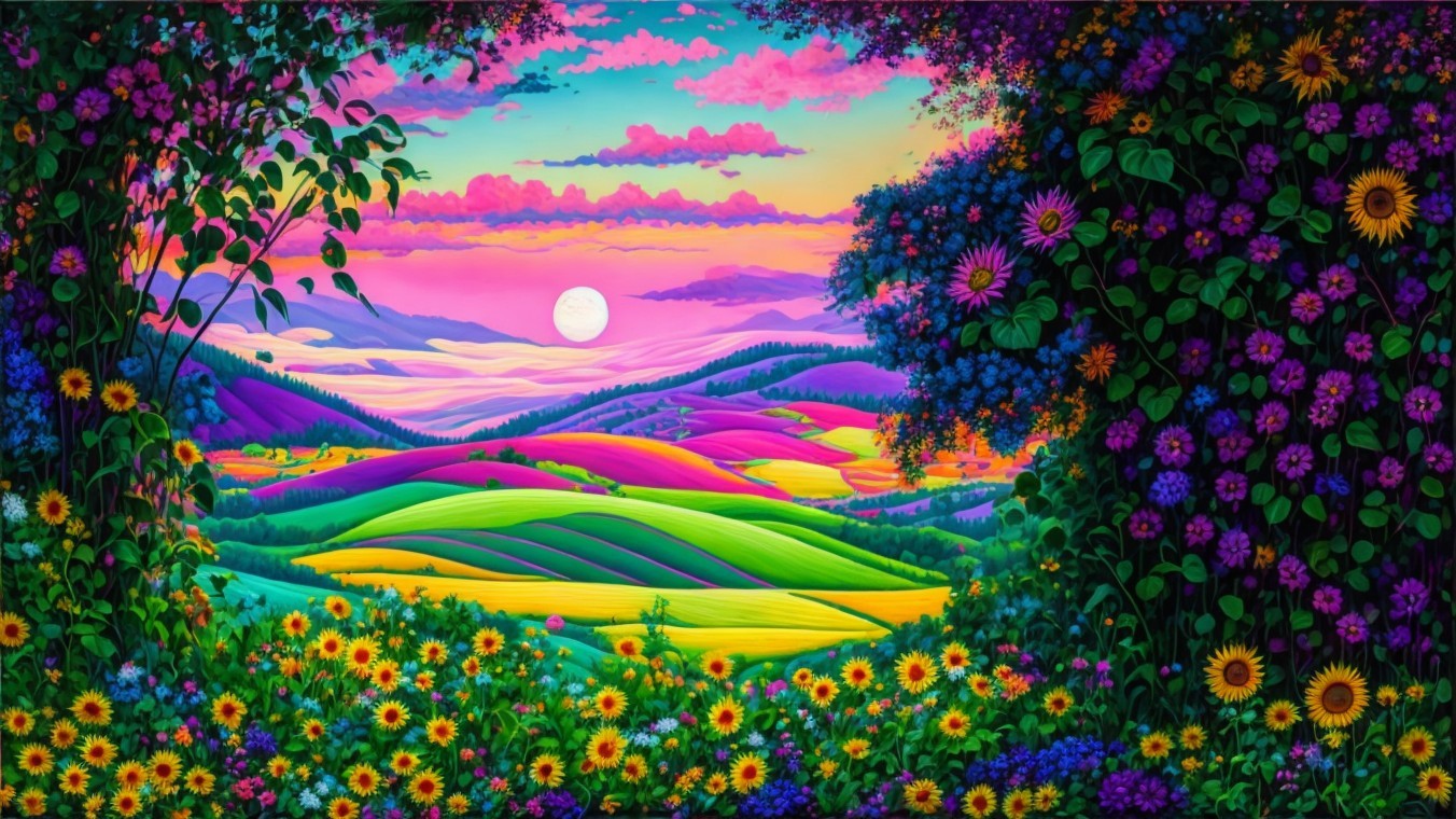 Vibrant Landscape of Rolling Hills at Sunset