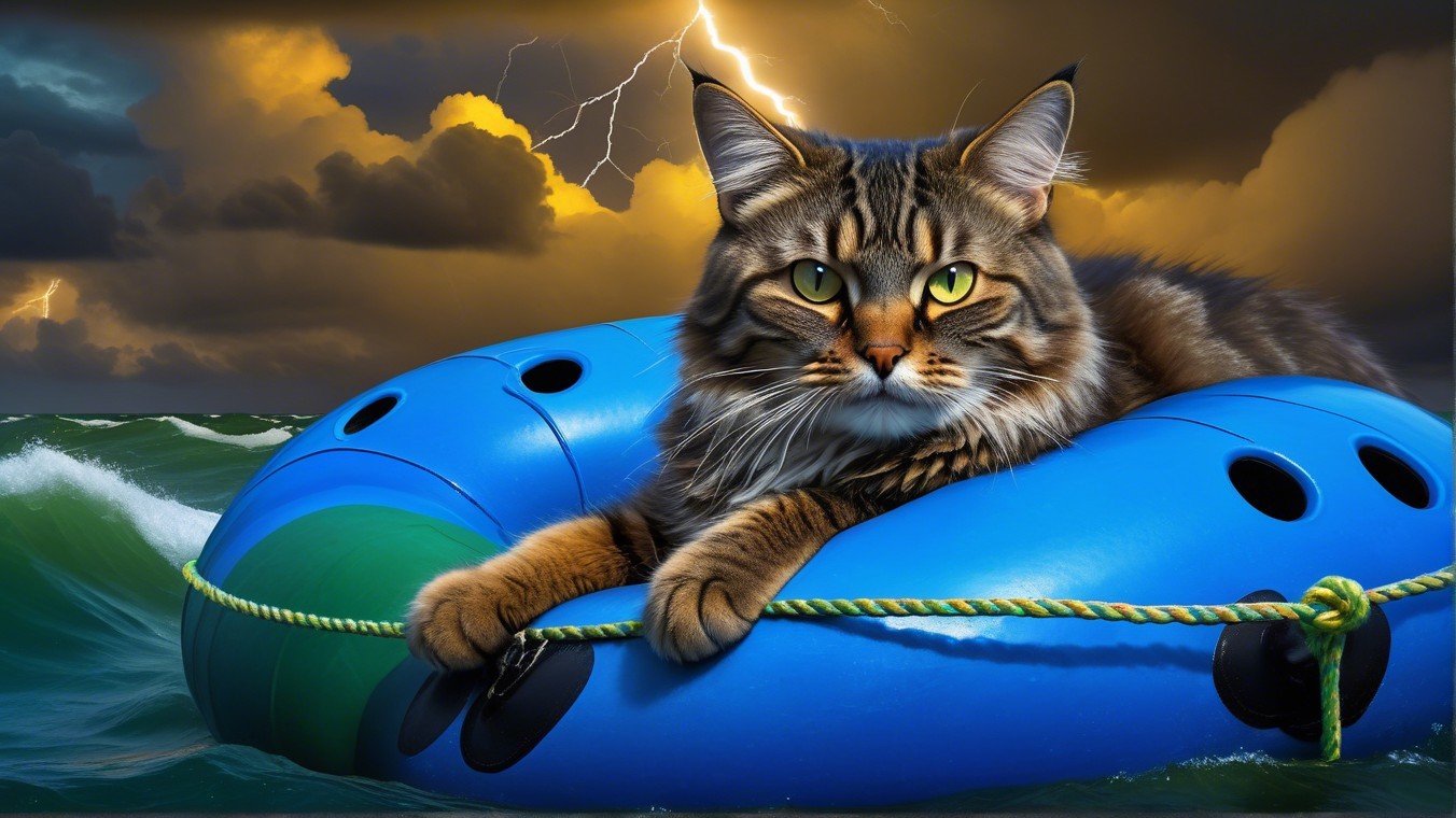 Majestic cat with green eyes on blue raft in storm