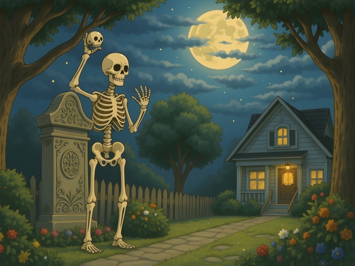 Whimsical Night Scene with Skeleton and Gravestone