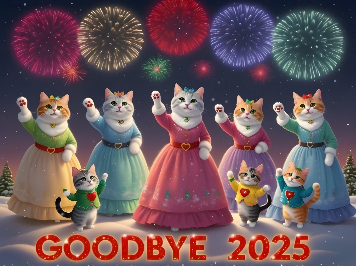 Seven Cats in Festive Winter Attire Under Fireworks