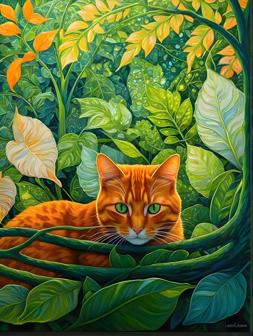 Vibrant Jungle Scene with Orange Tabby Cat and Foliage