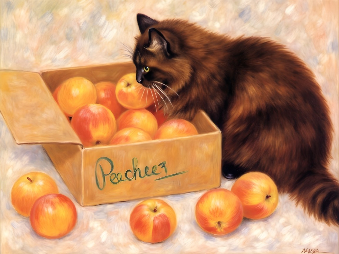 Fluffy Brown Cat Inspects Box of Bright Orange Apples
