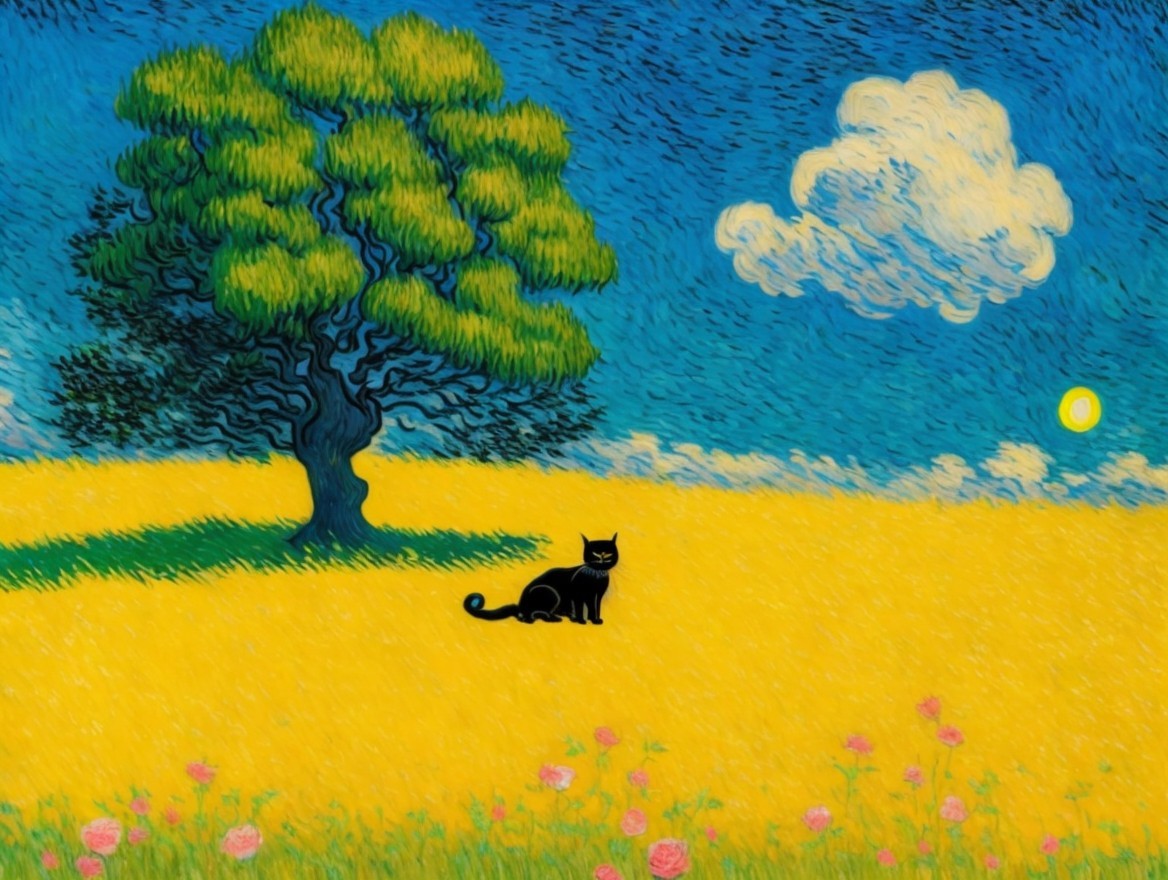 Vibrant landscape with tree, cat, and colorful flowers