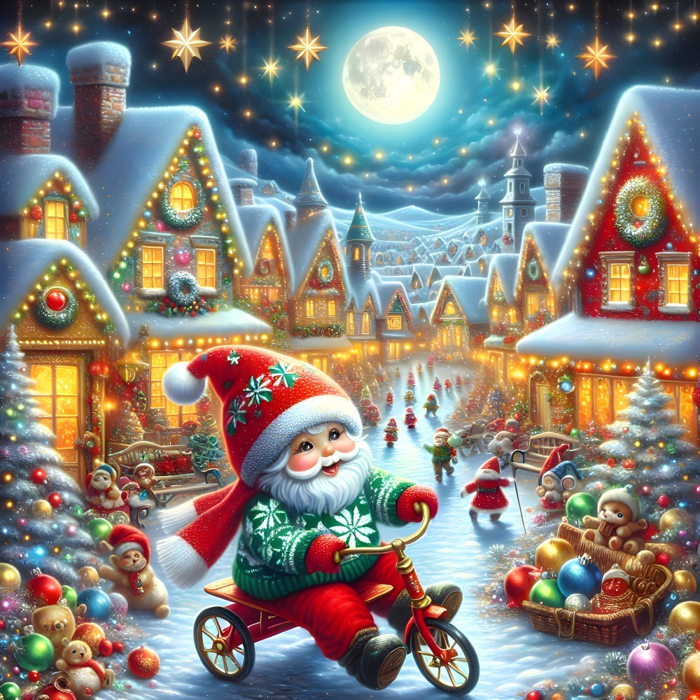 Whimsical Winter Scene with Santa on a Tricycle