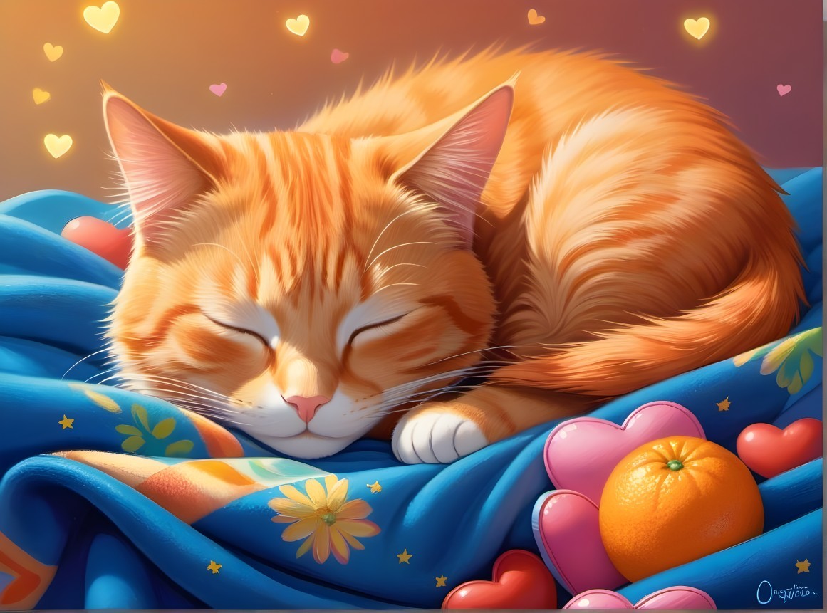 Orange Tabby Cat Sleeping on Blue Heart Blanket