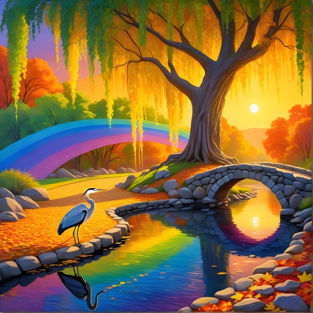 Vibrant Landscape with Willow Tree and Rainbow