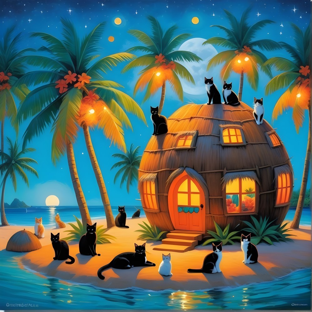 Cozy Beach Hut with Cats in Moonlit Tropical Scene