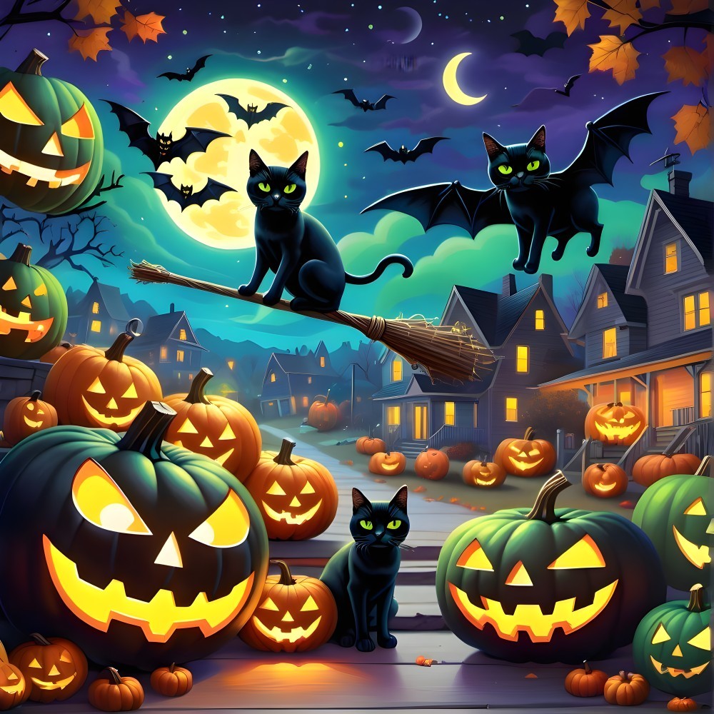 Whimsical Halloween Scene with Cats and Jack-o'-Lanterns
