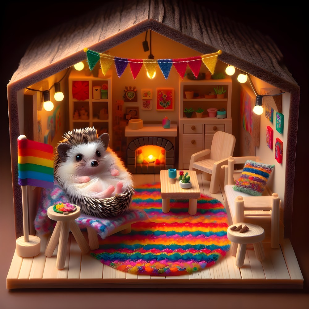 Cozy Miniature Dollhouse Scene with Hedgehog and Decor