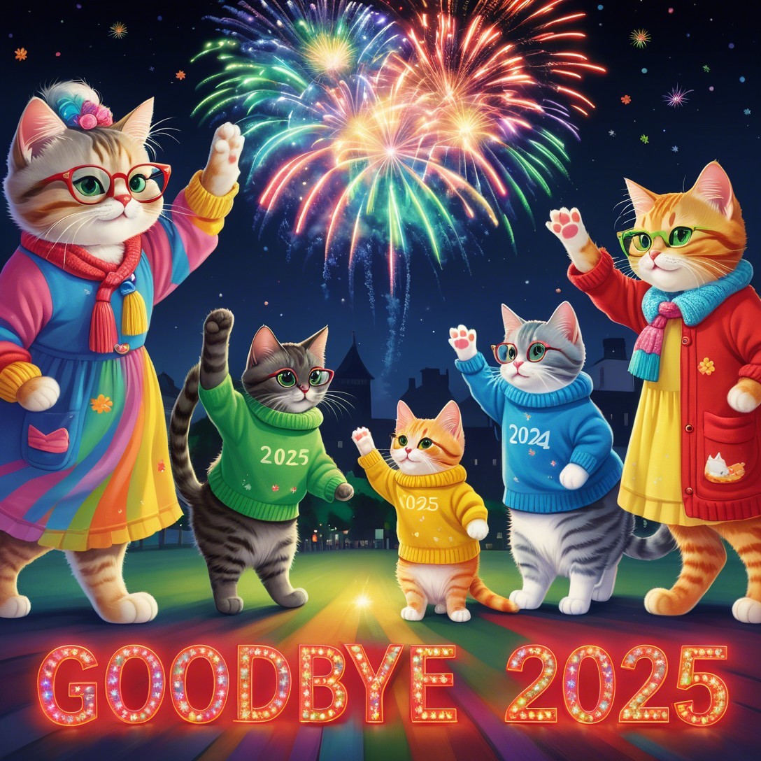 Festive New Year's Eve Scene with Celebrating Cats