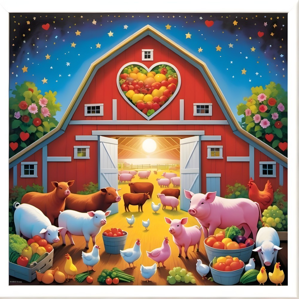 Vibrant Farm Scene with Barn and Animals at Sunset