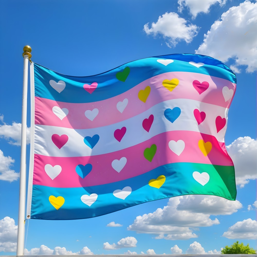 Vibrant Flag with Colorful Hearts Against Blue Sky