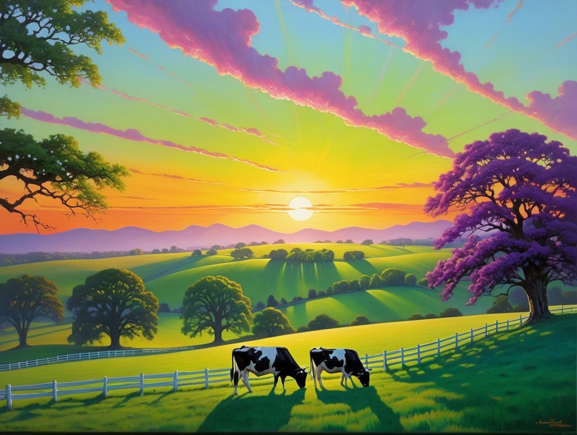 Vibrant Dawn Landscape with Cows and Blossoming Tree