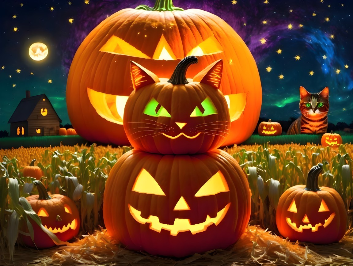 Whimsical Halloween Scene with Carved Pumpkins and Cats