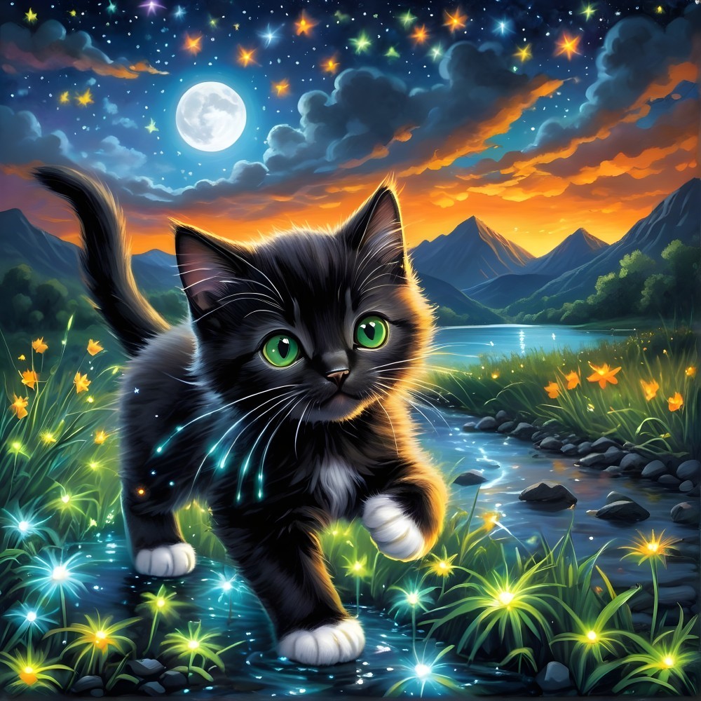 Black and white kitten in a magical landscape scene