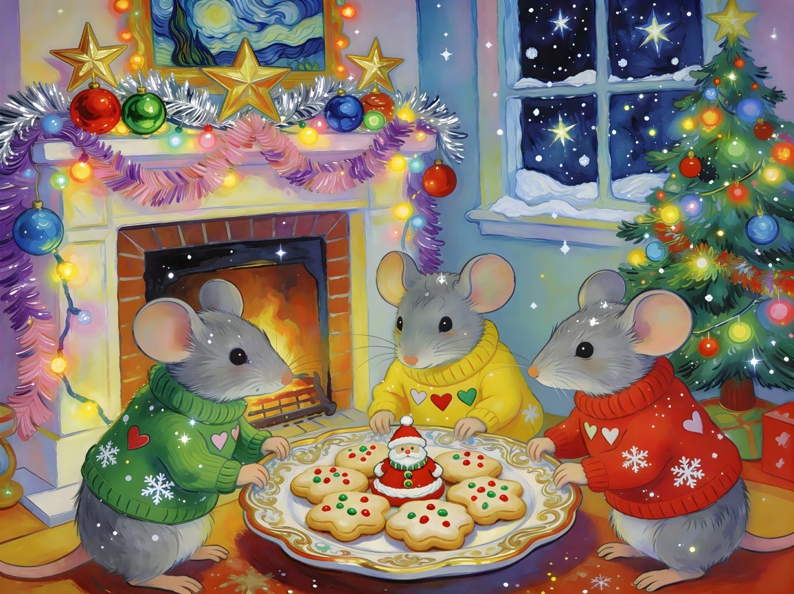 Cartoon Mice in Sweaters Enjoying Christmas Cookies