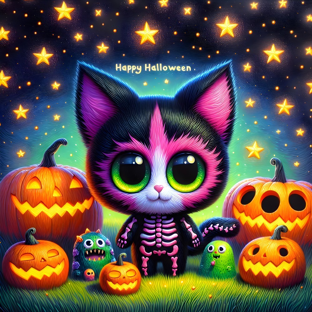 Cartoon Cat in Skeleton Costume for Halloween Scene