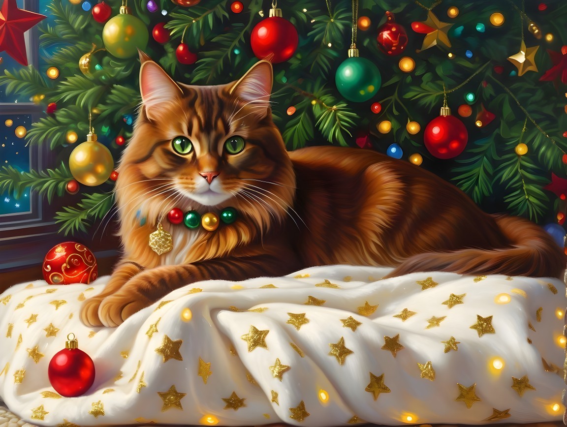 Fluffy Orange Tabby Cat on Blanket by Christmas Tree