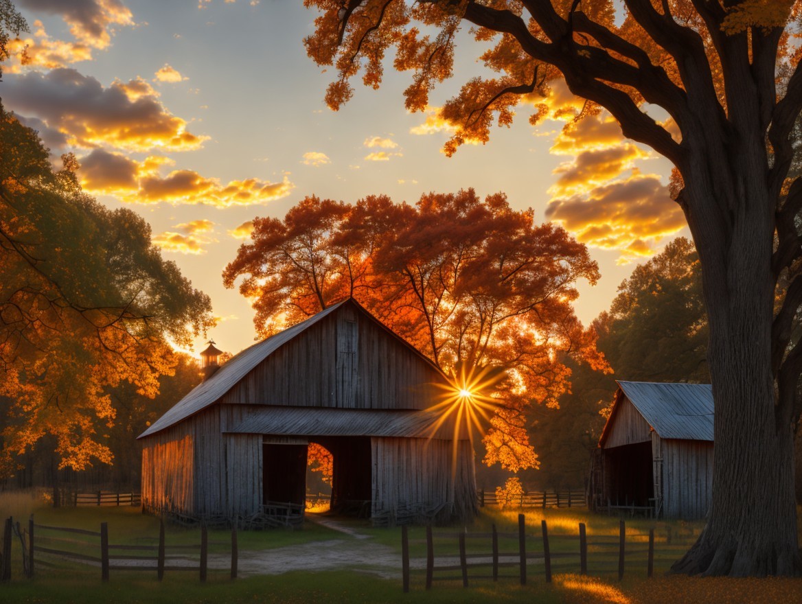 Tranquil Rustic Barns Amidst Autumn Sunset Landscape