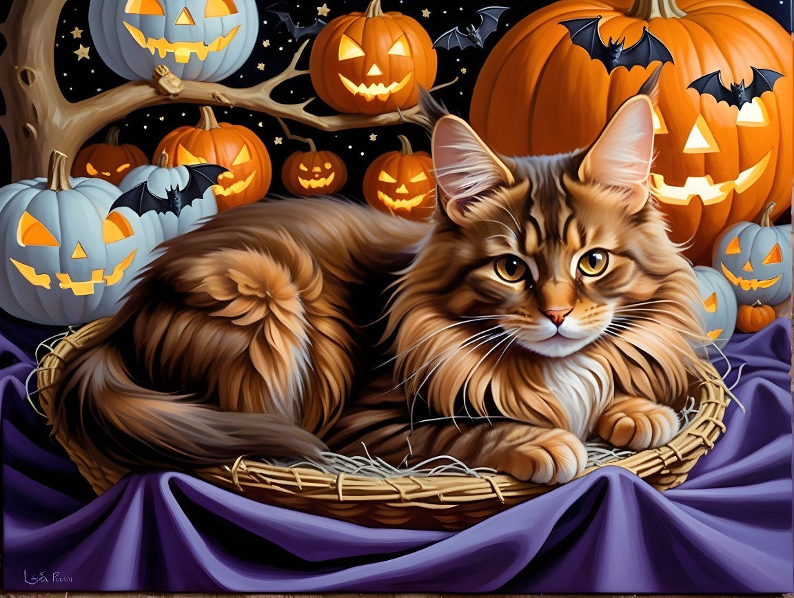 Maine Coon Cat in Basket with Halloween Decor