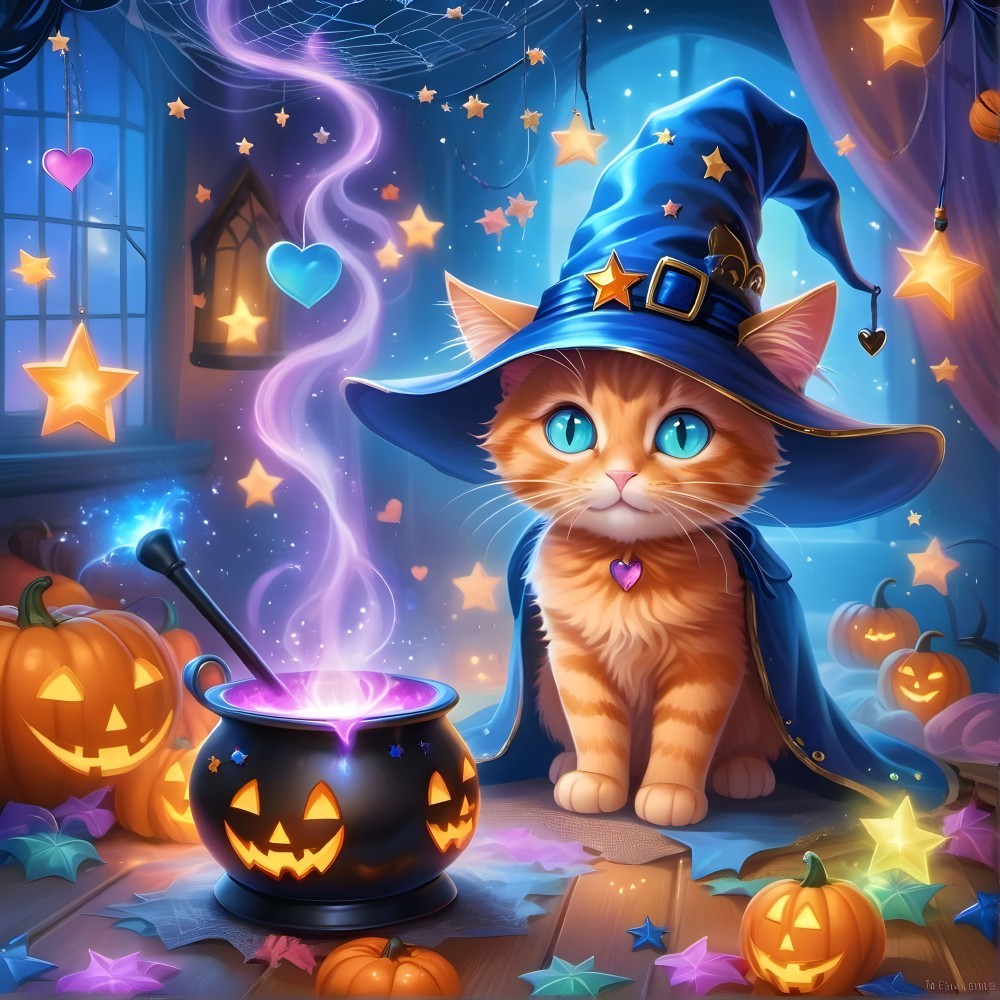 Playful Cat in Wizard Hat Surrounded by Halloween Decor