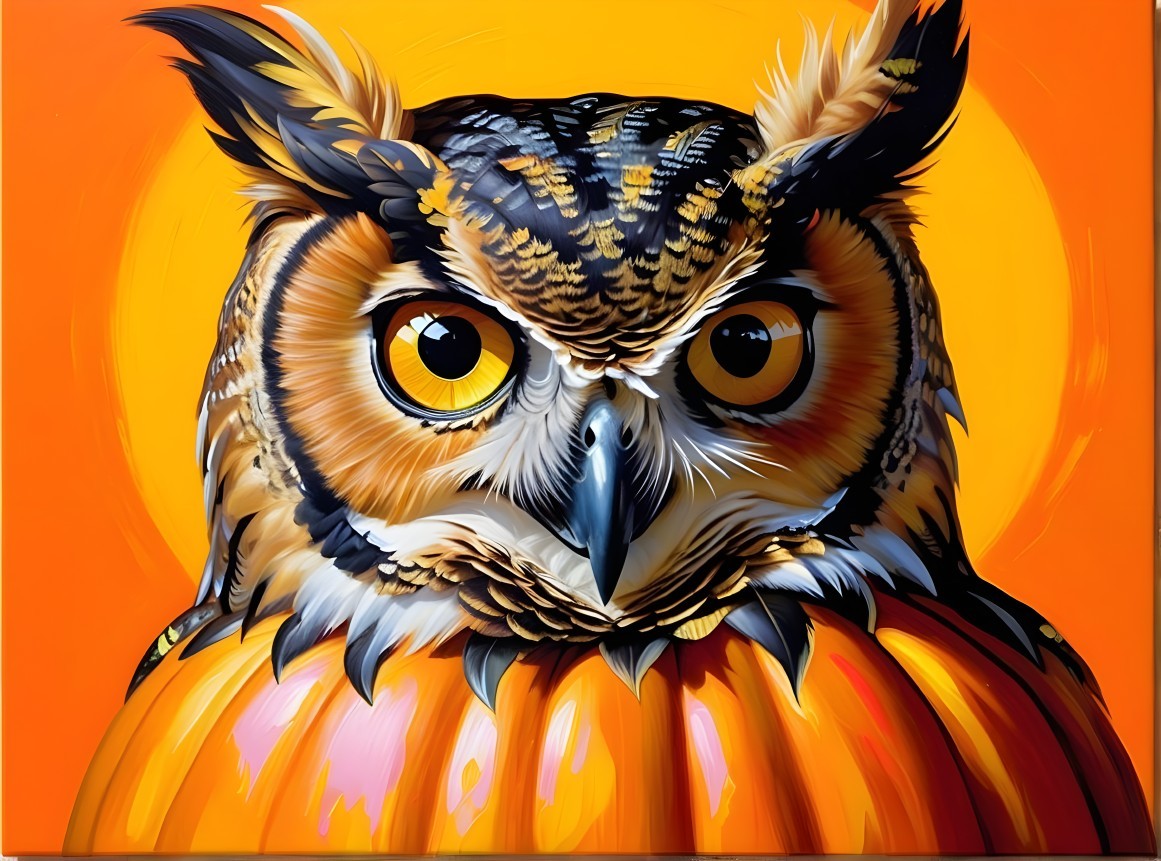 Owl on Pumpkin with Autumnal Background and Charm