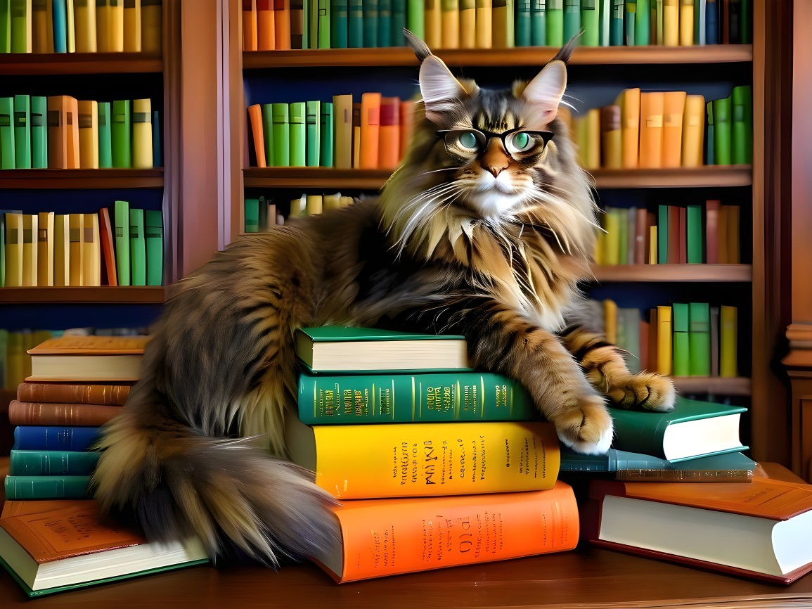Maine Coon Cat on Colorful Books with Bookshelf Background