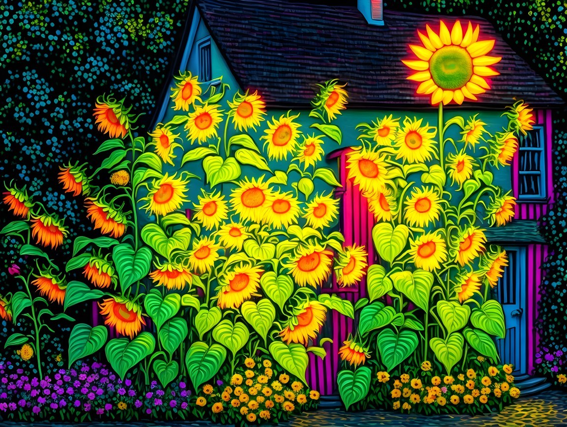 Charming House Surrounded by Lush Sunflower Garden