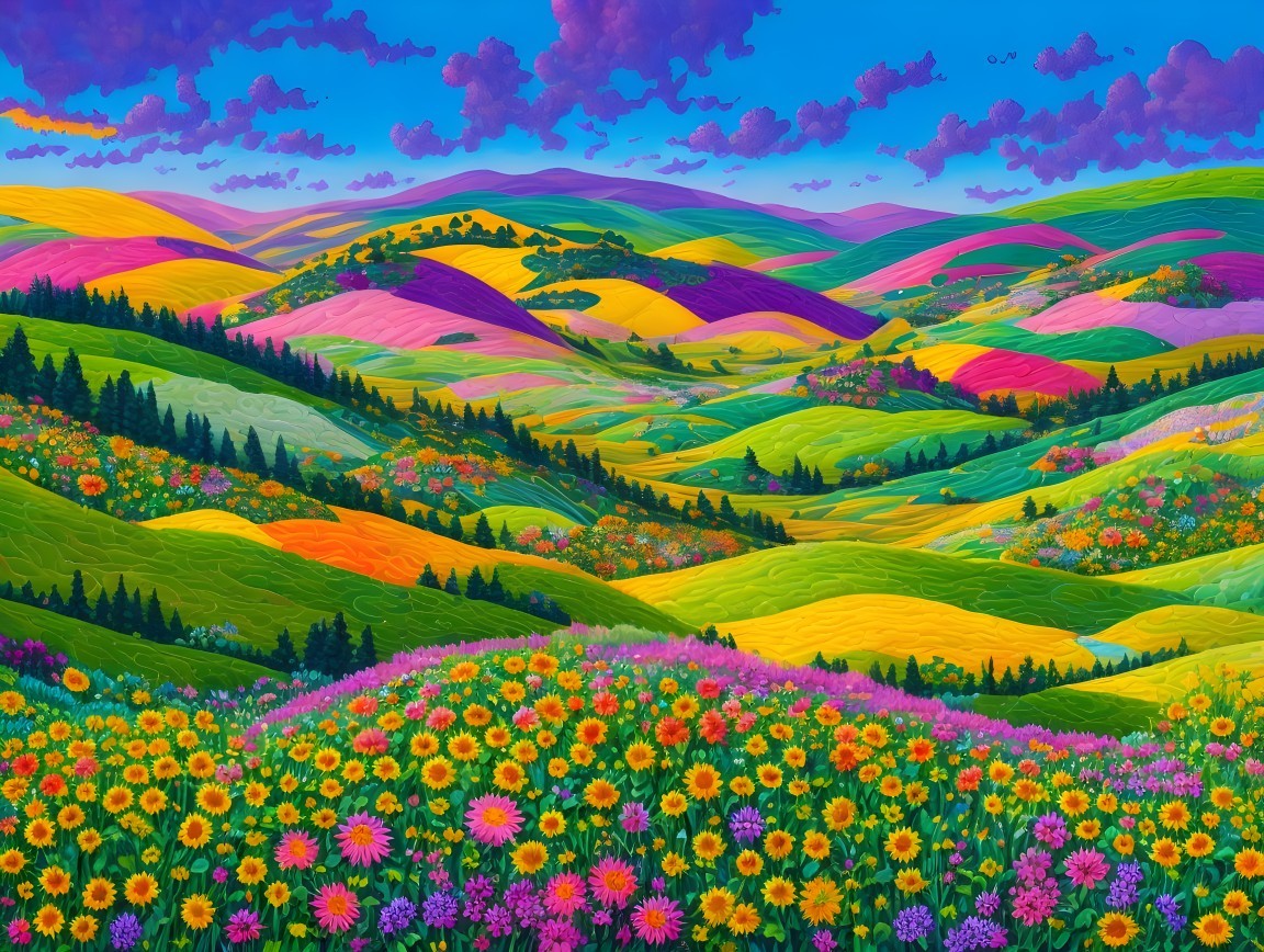 Vibrant Landscape with Colorful Flowers and Hills