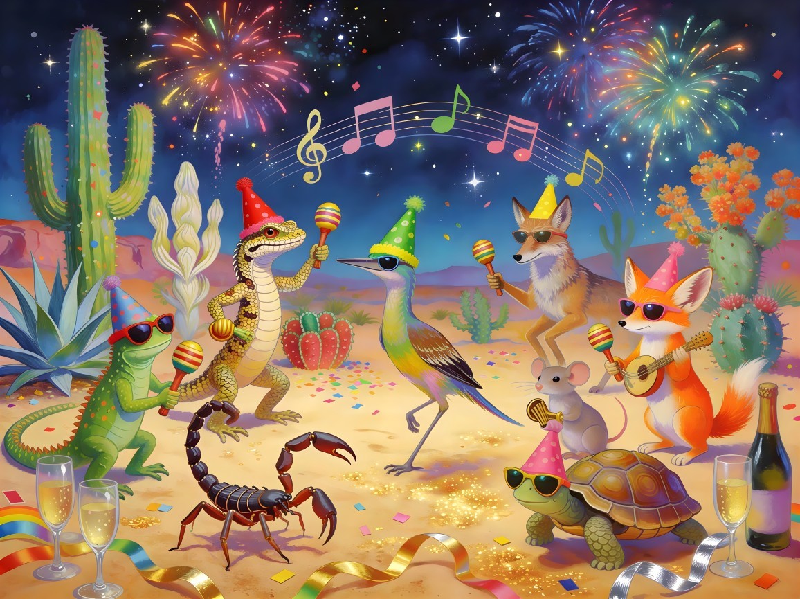 Desert Night Scene with Party Animals and Fireworks