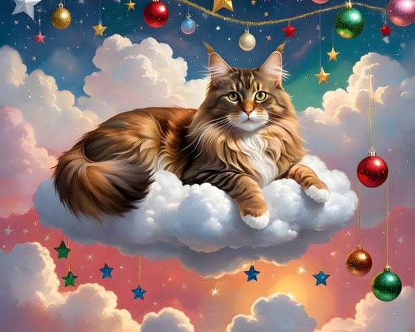 Maine Coon Cat on Cloud in Colorful Evening Sky