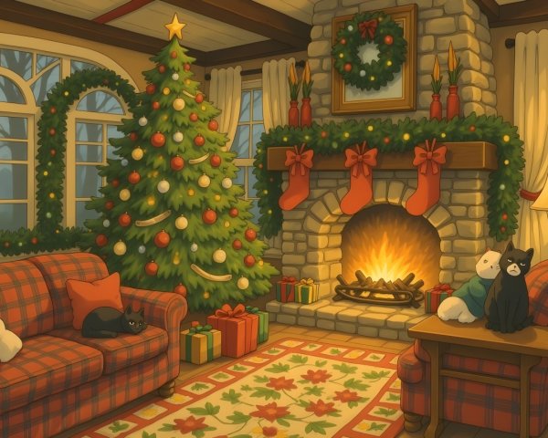 Cozy Christmas Living Room with Cats and Decorations