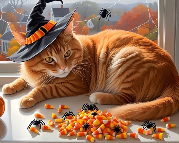 Cozy Autumn Scene with Cat and Halloween Decor