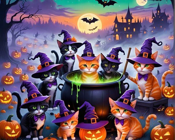 Whimsical Halloween Scene with Cats and Cauldron