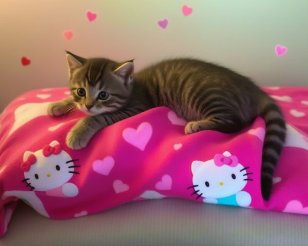 Striped Kitten on Pink Hello Kitty Blanket Scene