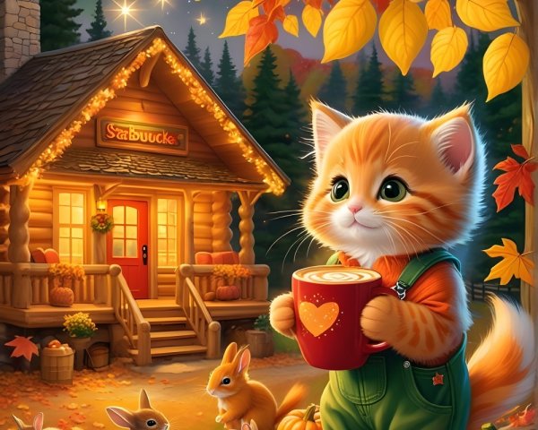 Orange Kitten in Cozy Overalls Amid Autumn Scenery