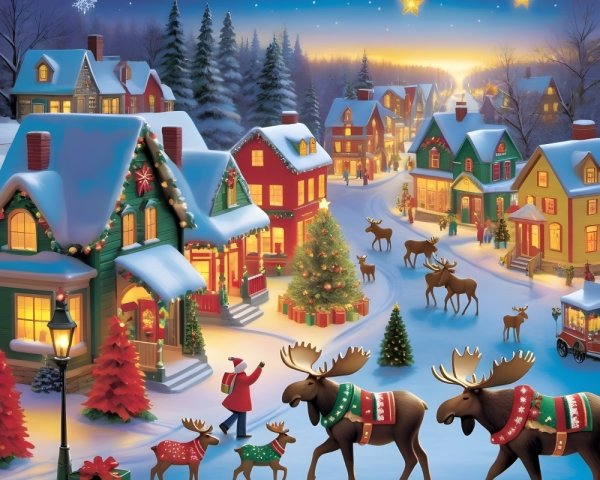 Christmas Village Scene with Moose and Twinkling Lights