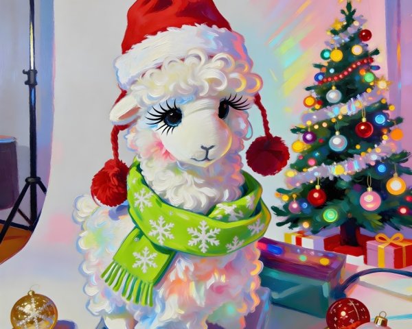 Festive White Sheep Doll in Christmas Scene