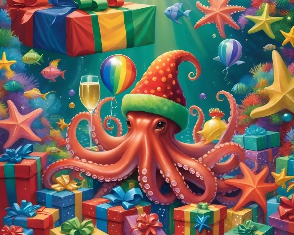 Christmas Underwater Scene with Festive Octopus