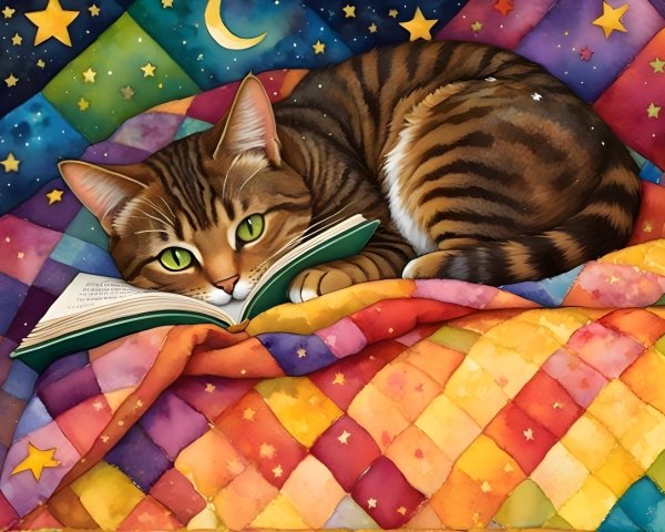 Tabby Cat Reading on a Colorful Quilt at Night