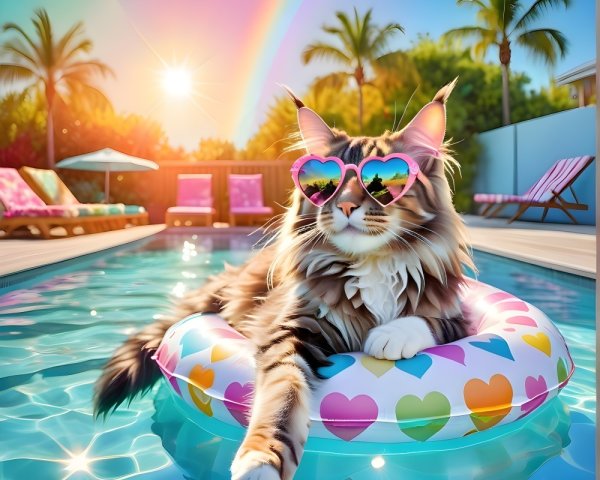 Cat on Heart-Patterned Float in Vibrant Pool Scene