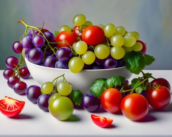 Vibrant Bowl of Mixed Grapes and Fresh Produce