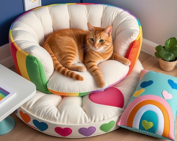 Rainbow-Themed Cat Bed with Plush Design and Decor