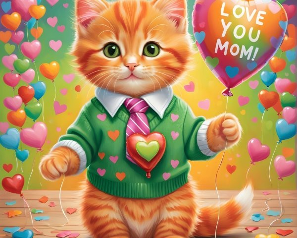 Orange Tabby Kitten with Heart Balloon in Sweater