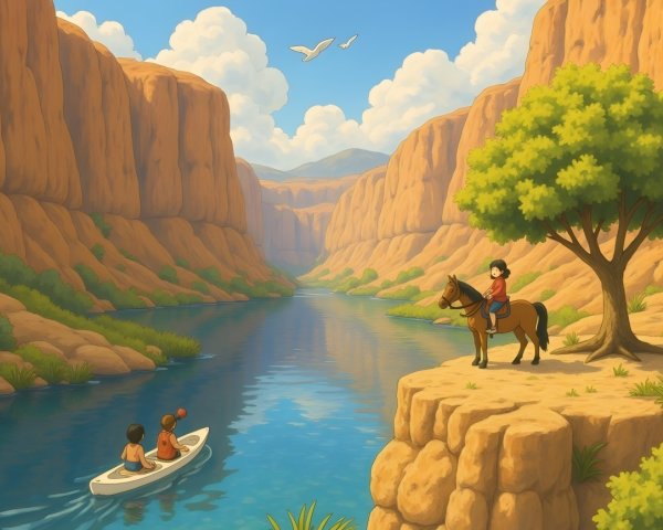 Serene River Landscape with Canyon and Horseback Child